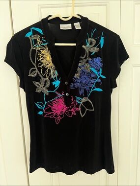 Chico's Black Button-Down Top with Multicolor Floral Embroidery